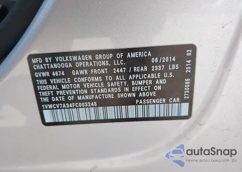 2015 Volkswagen Passat 2.0L Tdi Sel Premium из США, поврежденный, VIN 1VWCV7A34FC003245